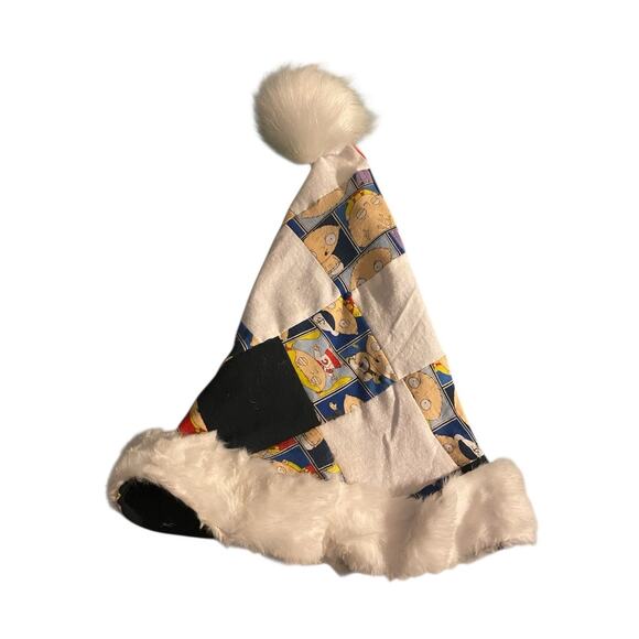 Handmade Upcycled Patchwork Family Guy Stewie Santa Hat Faux Fur Trim Holiday - Picture 3 of 8